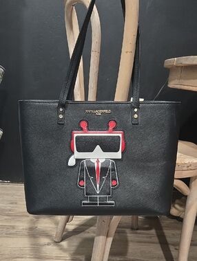 Karl Lagerfeld Black Leather Tote with Red and White Graphic Patch